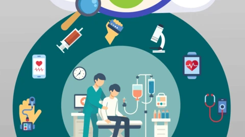 digital art of a cloud, an eye, and healthcare icons