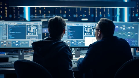 2 IT professional looking at monitors outside datacenter