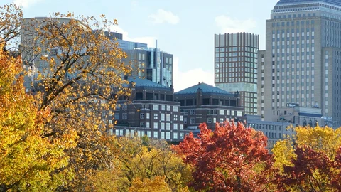 Boston cityscape with autumn-colored trees