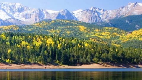 Stony mountains, green hills, and a clear lake