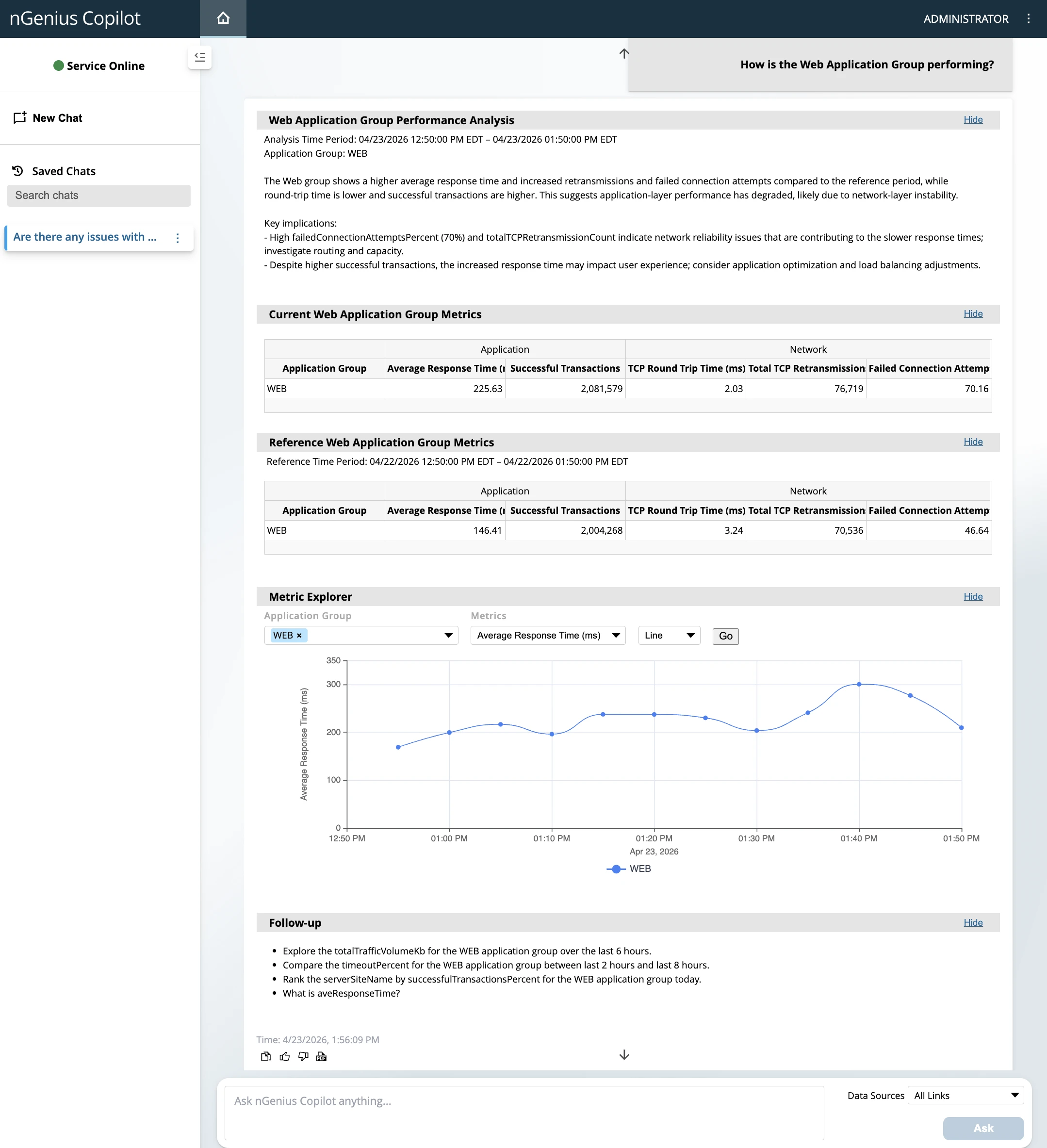 nGenius Copilot for Enterprise interprets user questions, such as “Are any applications in my network showing latency or performance degradations?”, queries NETSCOUT Smart Data, and returns clear explanations, contextual analysis, and visual data insights.