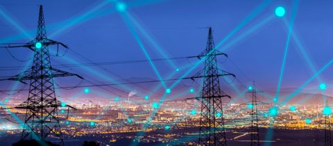 Superimposed network connections in front of power lines with a night sky