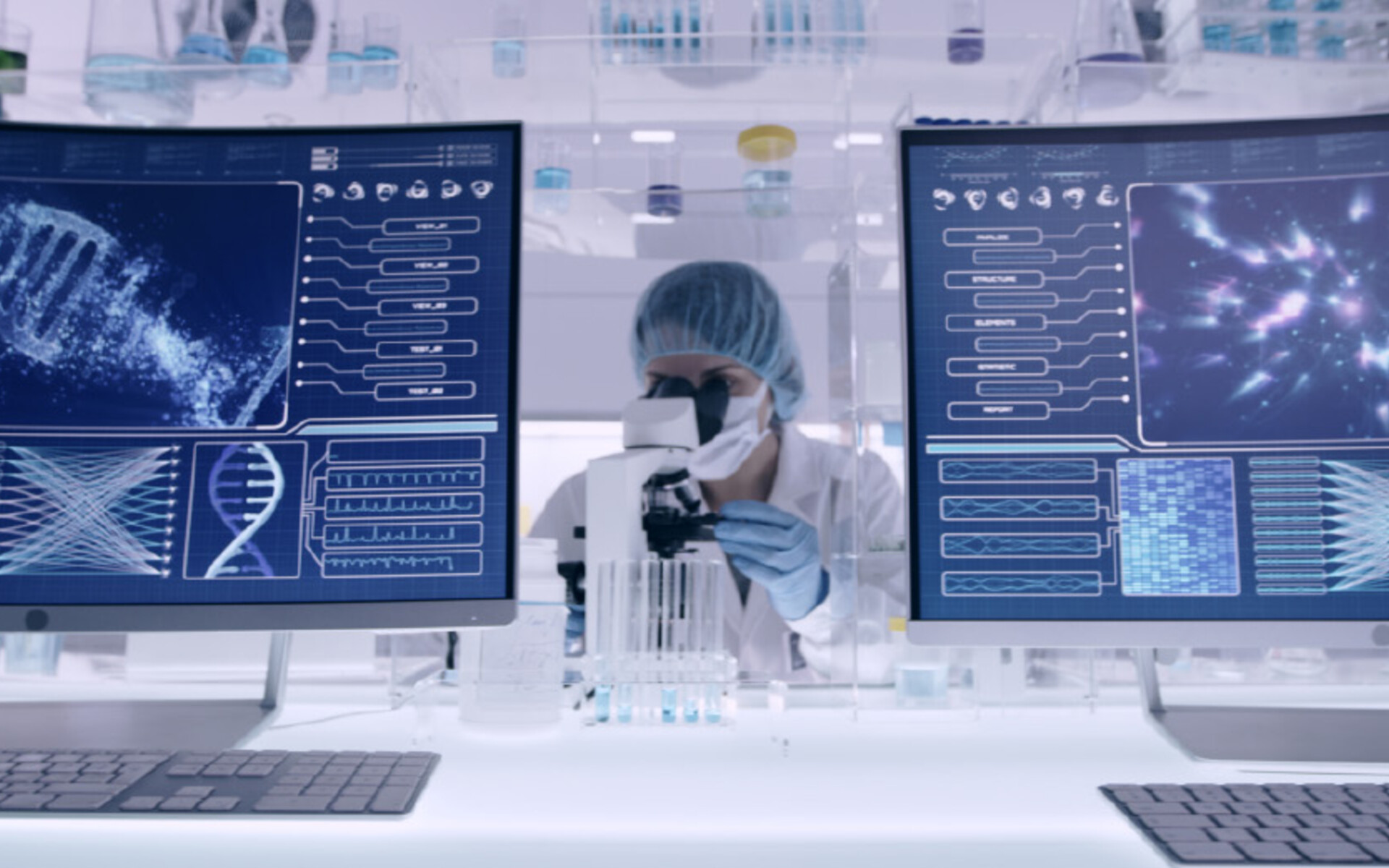 Pharmaceutical chemist using microscope