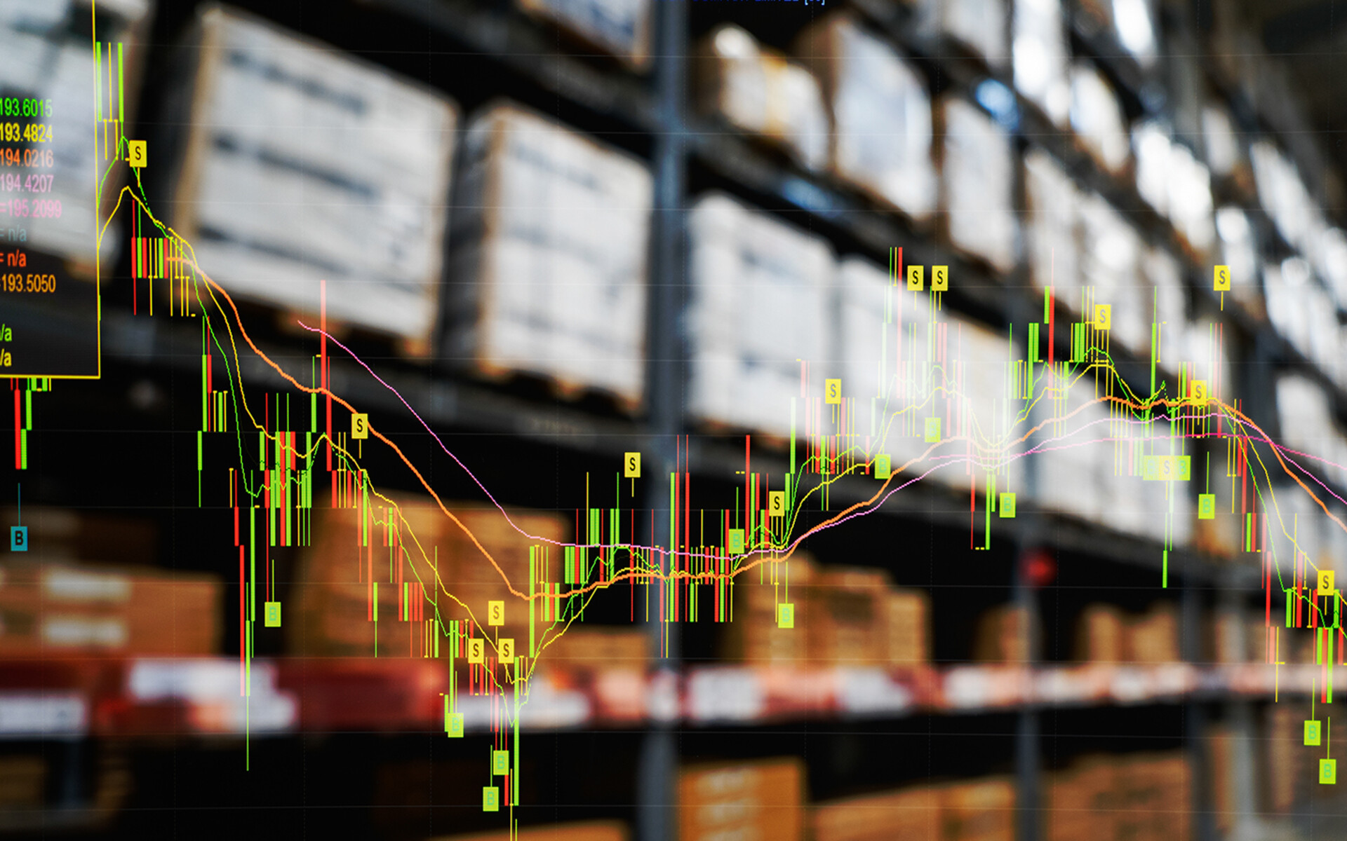 Factory shelves with graph lines