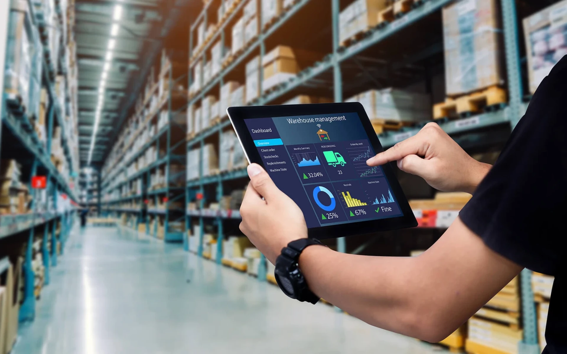 Worker on tablet managing retail warehouse