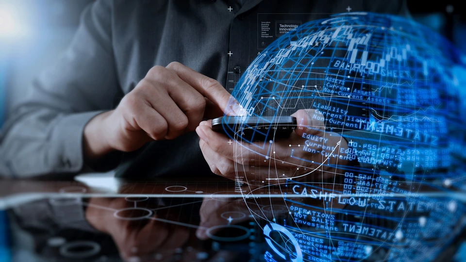 Executive on a phone with imposed globe featuring connections and KPIs