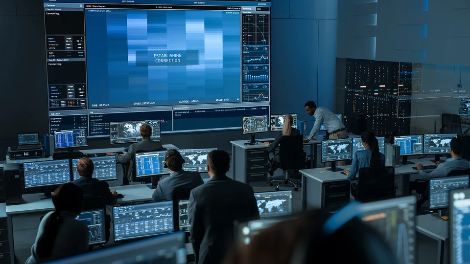 IT team looking at large screens