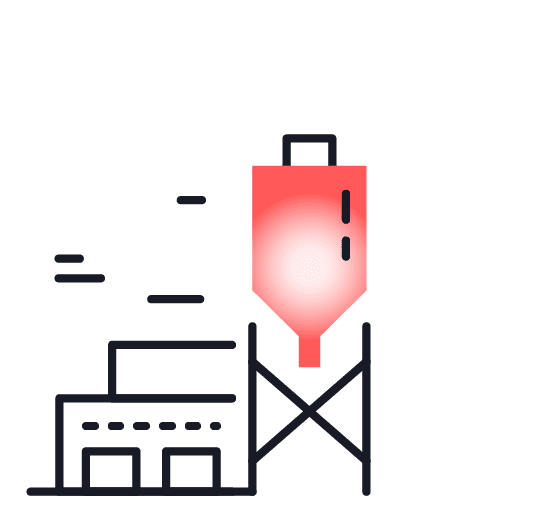 graphic of a warehouse style building with a large red cyclical structure next to it