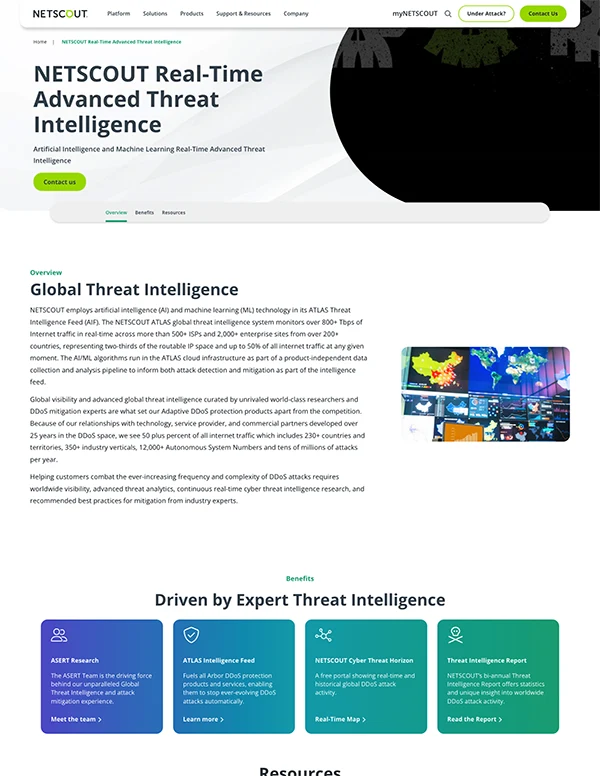 Screenshot of NETSCOUT Real-Time Advanced Threat Intelligence webpage
